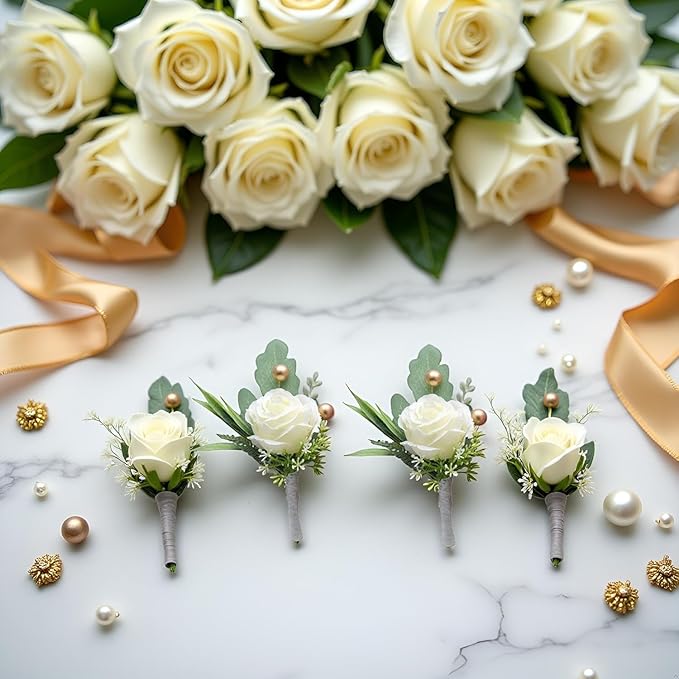 2Pcs Roses Boutonniere for Men Wedding, Groom Groomsman Artificial White Rose Flowers with pins for Wedding Anniversary Celebration,Prom,Party,Home Decoration Artificial Flowers
