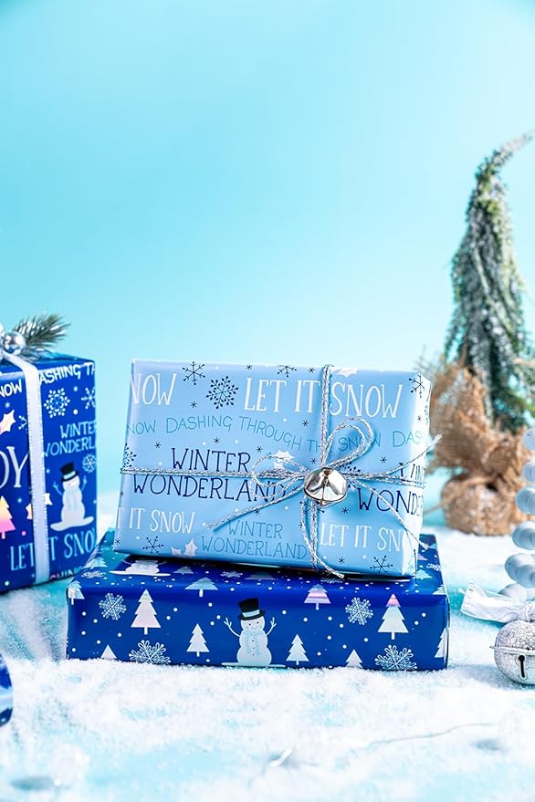 WRAPAHOLIC Christmas Wrapping Paper Roll - Mini Roll - 3 Rolls - 17 Inch x 120 Inch Per Roll - Blue and White Winter Wondland, Snowflake, Snowman Holiday Collection with Metallic Foil Shine