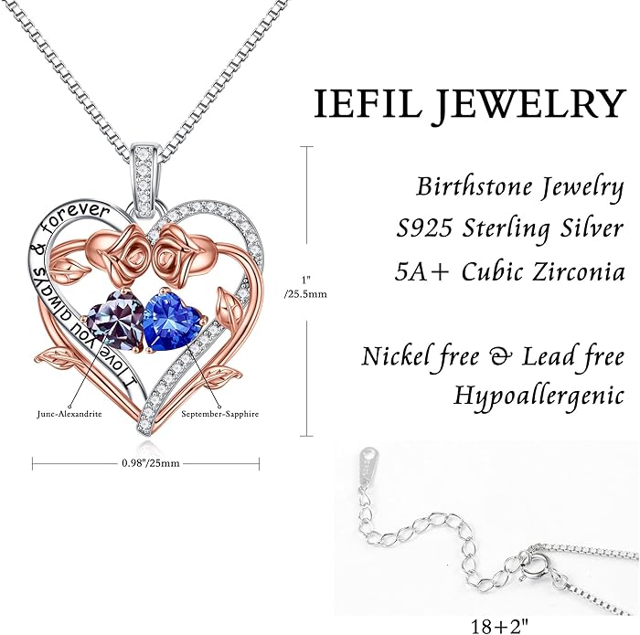 Iefil Rose Heart Double Birthstone Necklace Gifts for Wife Her Mom Women, Birthstone Jewelry Gemstone Birthday Gifts for Girlfriend Grandma Her Wife Women