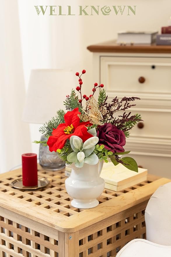 11 Pcs Artificial Christmas Flowers Bouquet Pine Branches 14" Red Poinsettias FLowers Faux Greenery Spary Stems Red Berry Pine Cones Fake Cedar Picks for DIY Crafts Tabletop Winter Home Party Decor