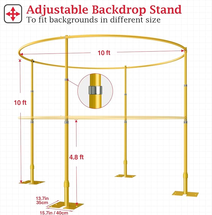 EMART Backdrop Stand Heavy Duty 10x10Ft, Round Pipe and Drape Photo Background Support Kit, Adjustable Metal Frame with Flat Base for Wedding Birthday Party Decorations-Gold