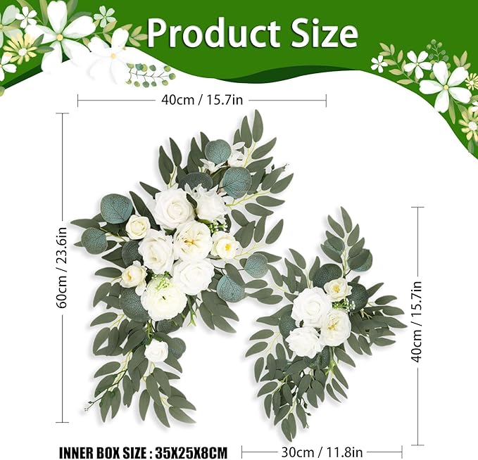 White Wedding Arch Flowers, Faux Flower Swag Set of 2, White Floral Swag for Wedding Arch Welcome Signs, Reception Ceremony Signs Decor