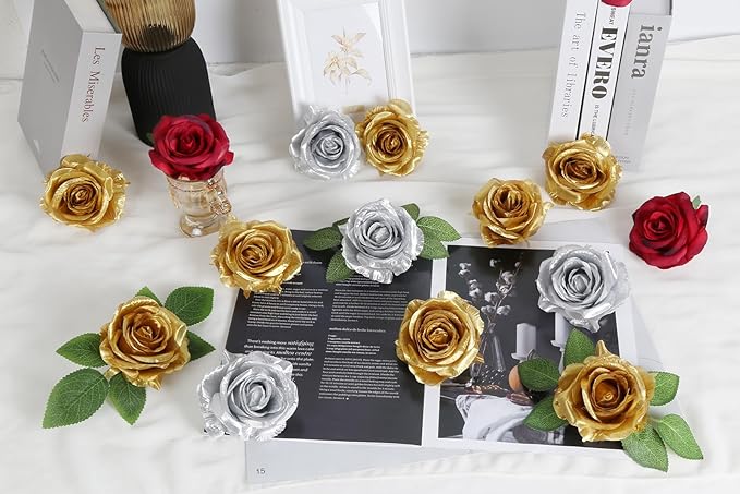 20pcs Gold Roses Artificial Flowers Fake Roses Real Looking Silk Flowers Bulk Big Faux Flowers with Stems for Wedding Centerpieces Table Home Party Decoration Bridal Floral Arrangement (Gold)