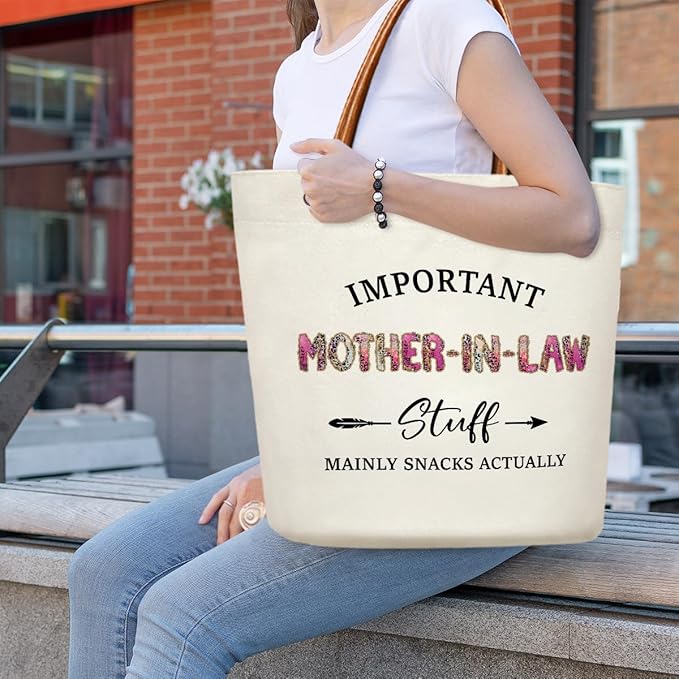 Canvas Tote Bag for Women, Important Stuff Bag with Leather Handle, Reusable Grocery Bags for Shopping Beach Travel