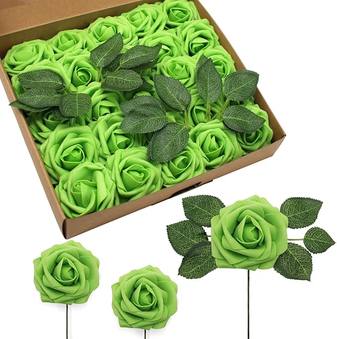JOYLEX Artificial Flowers Realistic Roses, 25pcs Real Looking Fake Roses with Stem for DIY Wedding Bouquets Centerpieces Bridal Shower Party Home Romantic Decorations (Regular 3" - 25pcs, Green)