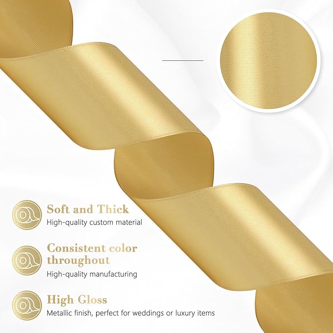 Champagne Gold Ribbon 2 Inch 60 Yards, Gold Satin Ribbon for Gift Wrapping, Flower Bouquet, Wedding, Crafts, Baby Shower, Christmas and Outdoor Decor