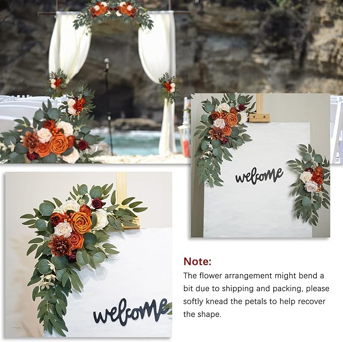 Orange Wedding Arch Flowers, Faux Flower Swag Set of 2, Orange White Floral Swag for Wedding Arch Welcome Signs, Reception Ceremony Signs Decor