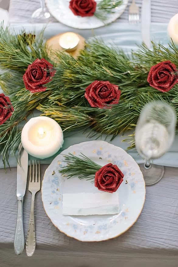Artificial Flowers 30 pcs Red Glitter Roses Artificial Flowers with Stem, 2.36 in/6 cm Glitter Foam Roses Fake Flowers for DIY Wedding Bouquets Party Home Decor(Red)