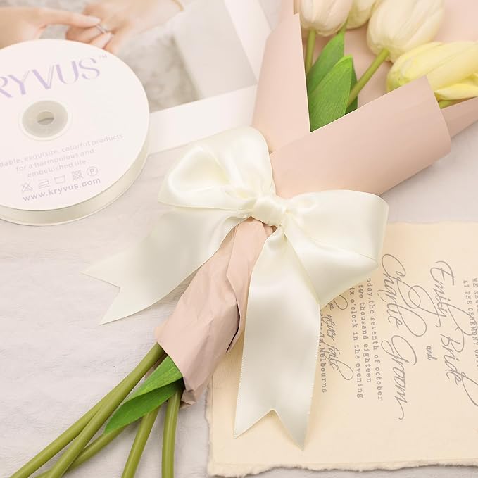 Double Faced Cream Satin Ribbon, 1-1/2 Inch X 25 Yards Polyester Ribbon for Gift Package Wrapping, Crafts, Bow Making, Sewing, Flower Bouquet, Wedding Party Decor