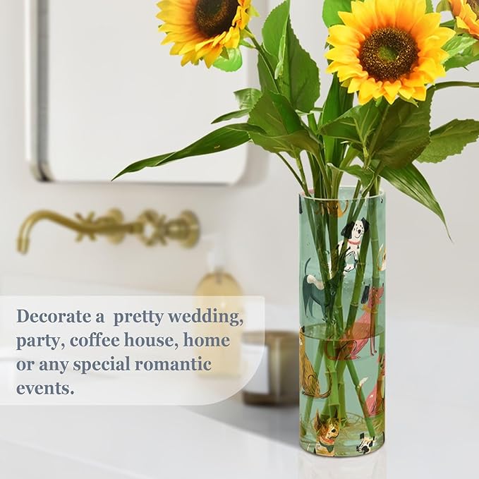 Flower Vase Clear Plastic Cylinder Vases Decor for Centerpieces Home Storage Office Weddings Mint Green Cute Dogs 11.8 x 3.9 in