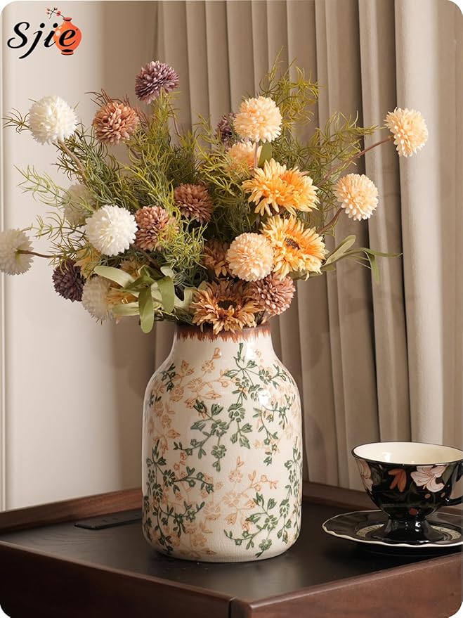 Vintage Ceramic Vase - 7.8 Inch Hand-Painted Flowers with Ice Crackle Glaze Finish, American Farmhouse Style Pitcher Vase for Home Decor, Centerpiece, Shelf, Table, Office