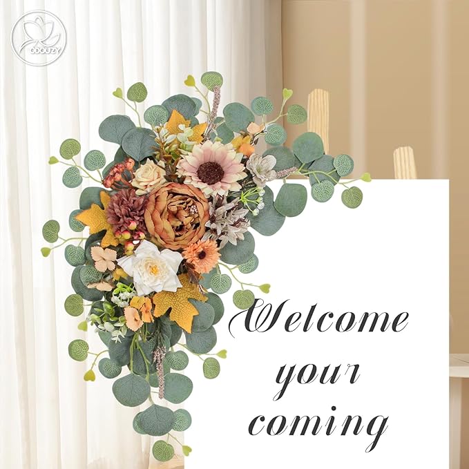Artificial Wedding Arch Flowers for Wedding Sign,Set of 2 for Wedding Welcome Ceremony Sign,Faux Floral Swags,Wedding, Banquet and Reception Backdrop Floral Decoration (Coffee Orange)