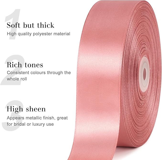 1-1/2 Inches 100 Yards Rose Gold Satin Ribbon, Ribbon Roll for Flower Bouquets, Gift Wrapping, Wedding, Handmade Crafts