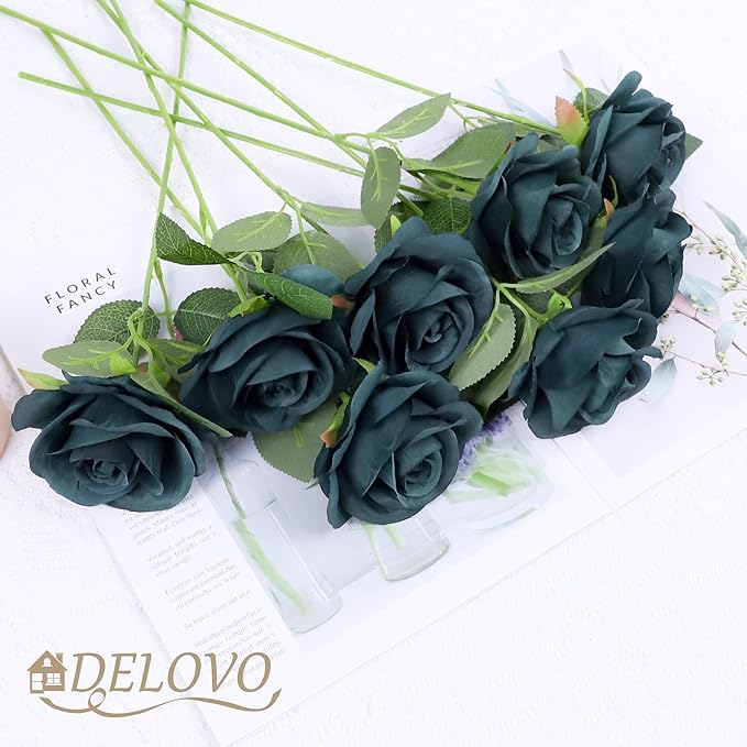 52pcs Emerald Green Roses Artificial Flowers Fake Flowers Silk Roses with Stems for DIY Wedding Bouquets Bridal Shower Centerpieces Arrangements Party Decorations