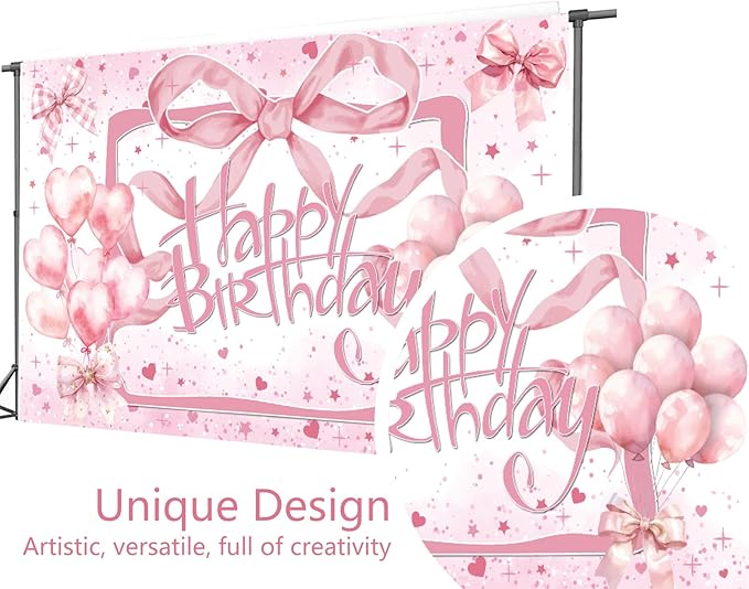 Coquette Pink Bow Happy Birthday Backdrop - Glitter Balloon Banner for Girls & Women - Cute Birthday Party Decorations, Bachelorette Photo Background & Wall Decor 7x5ft