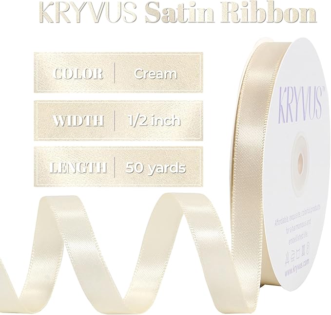 Cream Satin Ribbon, Double Faced 1/2 Inch X 50 Yards Cream Ribbon, Premium Satin Ribbon for Gift Wrapping, Crafts, Hair Bow Making, Sewing, Flower Bouquet, Wedding Party Decor