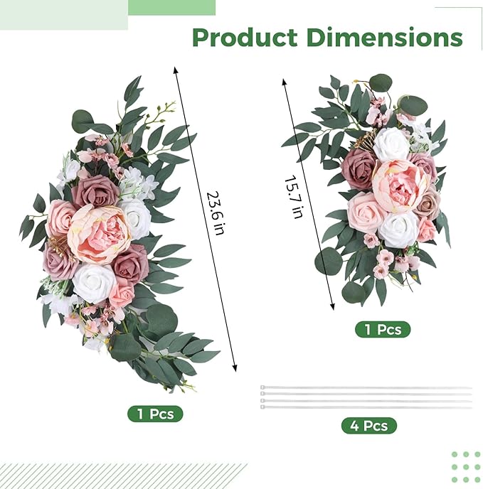 2PCS Wedding Arch Flowers, 23'' & 15'' Pink Artificial Wedding Arch Floral Swag Arrangement for Reception Backdrop Decoration, Bridal Shower, Baby Shower, Photo Backdrop Decorations