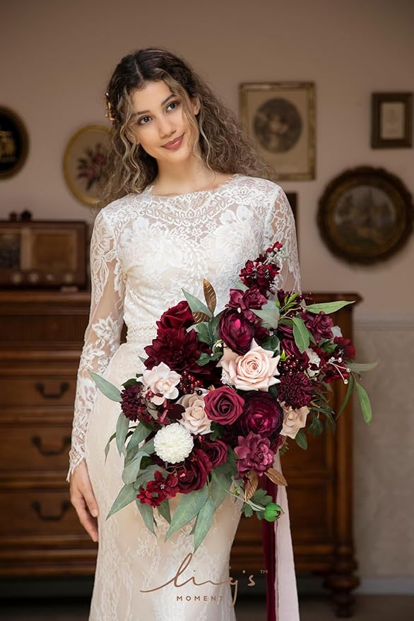 Ling's moment Red Wedding Bouquets for Bride, Burgundy and Blush Bridal Bouquets for Bride,17 Inch Free Form Artificial Wedding Flower Bouquet