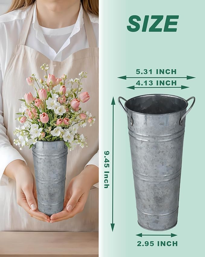 9 Inch Galvanized Metal Vases for Flowers - 6 Pcs Farmhouse Decorative Tall Flower Bucket with Handles, Rustic French Tin Planter Buckets for Wedding Decor (Silver)