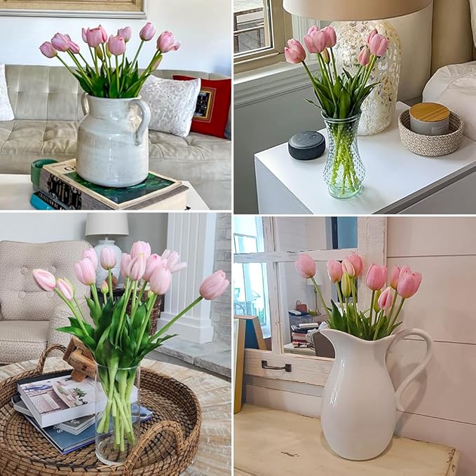 10PCS Pink Fake Tulips Artificial Flowers Real Touch Latex Faux Tulips UV Resistant Fake Flowers Bouquet for Table Home Decor Party Wedding Garden Decoration