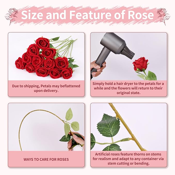 102 PCS Red Roses Artificial Flowers, Fake Red Rose Bouquet, Artificial Silk Red Roses with Stems for Wedding Flowers Decoration, Valentines Day Mothers Day, Bridal Bouquet Roses