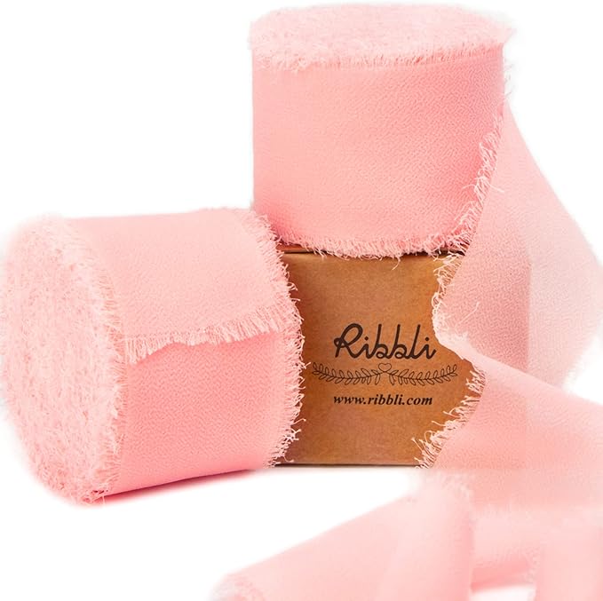 Ribbli Light Pink Chiffon Ribbon 1-1/2 inch x 20 Yard Handmade Fringe Chiffon Silk Ribbon for Wedding Invitations, Bridal Bouquets Wrapping, Flower Arrangement Decoration