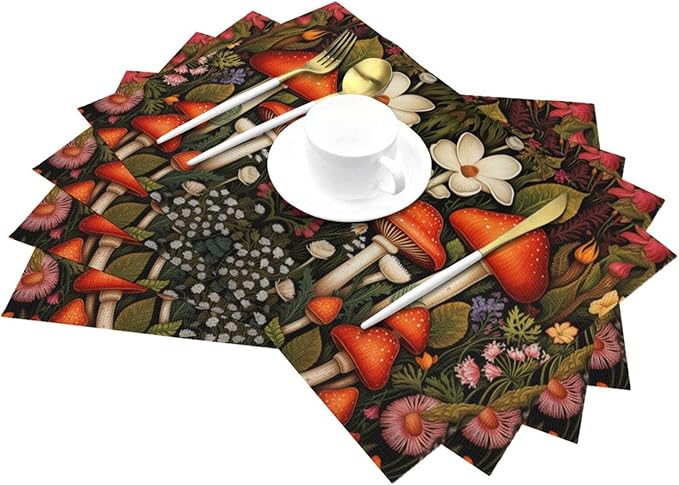 Placemats Set of 4 PVC Woven Place Mats Heat Resistant Easy to Clean for Indoor Outdoor Party Kitchen Dining Table Decoration 12"x18",Mushroom Pattern