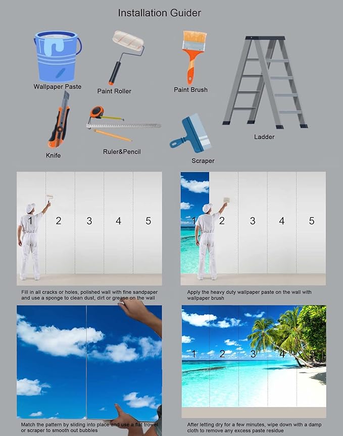 Palm Tree Wall Mural Tropic Paradise Beach Seascape Murals Wallpaper for Walls Bedroom Living Room Bedroom TV Background Kids Room Decoration（Not Peel and Stick）