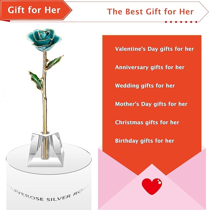 AliveRose Gold Rose,24k Gold Real Rose Gift for her, Long Stem Rose Made from Real Gold Rose for Anniversary Valentines Mothers Day Birthday (Teal Blue with Crystal Vase)