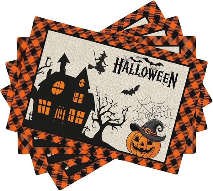 Halloween Placemats Cartoon Retro Funny Horror Castle Spider Web Magic Witch Pumpkin Bat Pumpkin Placemats Table Kitchen Dining Party 12x18 Inch Set of 6