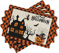Halloween Placemats Cartoon Retro Funny Horror Castle Spider Web Magic Witch Pumpkin Bat Pumpkin Placemats Table Kitchen Dining Party 12x18 Inch Set of 6