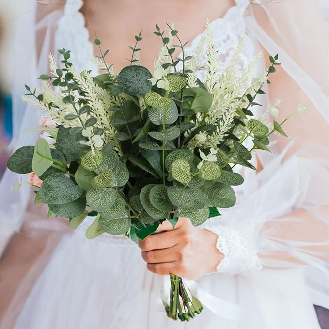 Artificial Eucalyptus Leaves Stems 120 Pcs 4 Kinds Mixed Fake Silver Dollar Eucalyptus Leaves Stem Bulk Faux Leaf for DIY Bouquets Floral Arrangement Wedding Home Decor