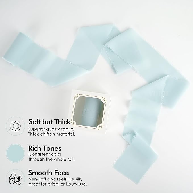 MEEDEE Aqua Chiffon Ribbon 3 Inch Fringe Ribbons Blue Chiffon Silk Frayed Edge Ribbon Wide Chiffon Ribbons for Crafts, Flower Bouquet, Wedding Favors Wrapping (2 Rolls 10 Yards)