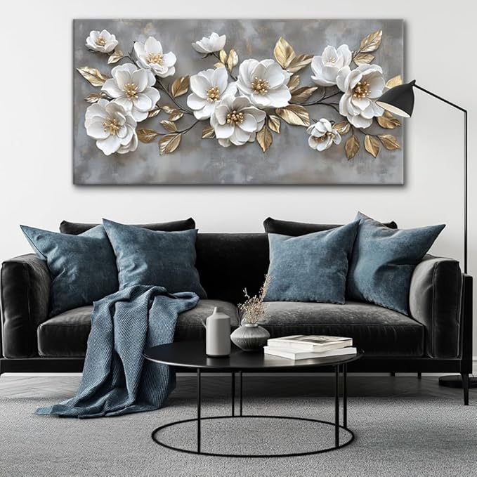 LAVIKARS Modern Gray Flowers Wall Art for Living Room Office White and Golden Floral Landscape Canvas Painting Prints Large Delicate Petals Artwork Kitchen Home Bedroom Decor (20x40 Inches)