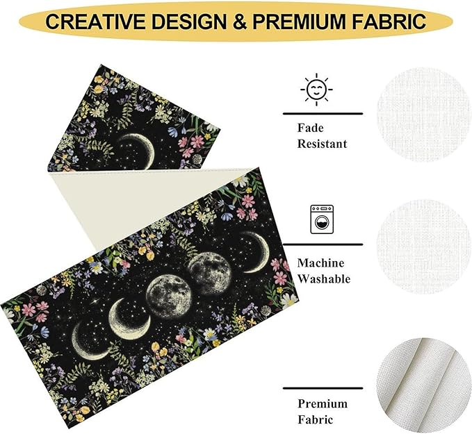 Wild Floral Table Runner, Boho Spring Gothic Moon Phase Wildflower Mystical Witchy Farmhouse Coffee Table Center Decor for Home Kitchen Dining Patio Holiday Party Table Decorations 13x72 inches