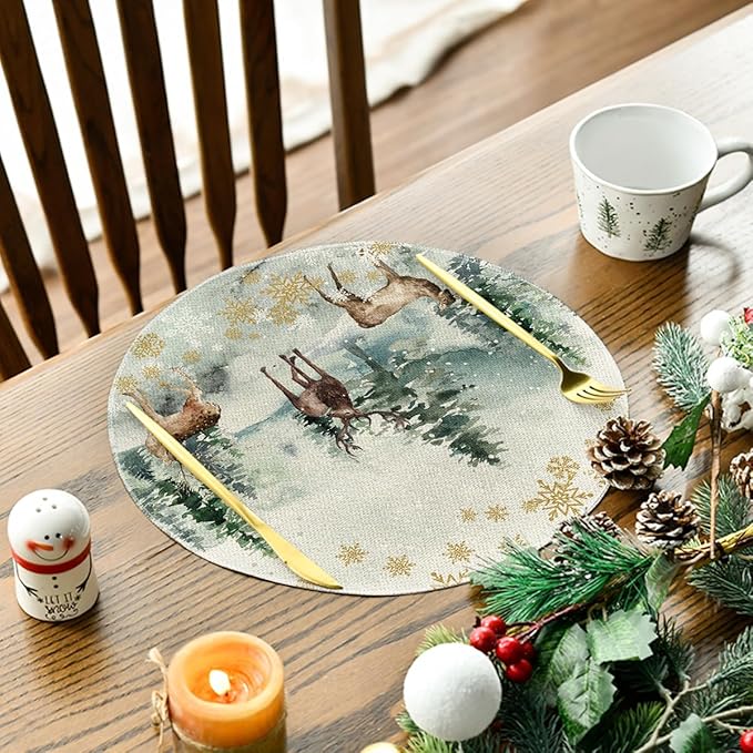Artoid Mode Watercolor Deer Trees Snowflakes Christmas Round Placemats Set of 4, 14 Inch Winter Round Table Mats for Dining Decoration