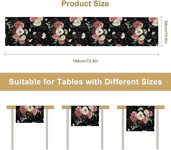 Floral Table Runner,Vintage Gothic Flowers Plant Prints Table Runner for Home Kitchen Table Decor Dining Coffee Room Party Decor 13x70 Inch