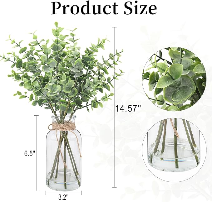 Artificial Eucalyptus Stems in Glass Vase with Faux Water, 14.57" Small Fake Plants Eucalyptus Leaves for Centerpiece Table Bathroom Farmhouse Shelf Kitchen Office Home Faux Greenery Decor