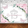SENDY 8x6ft Quinceañera Backdrop Mis Quince 15 Anos Birthday Party Decorations Supplies for Girl Princess Pink Floral Butterfly Silver Crown Photography Background Banner Photo Booth Studio Props