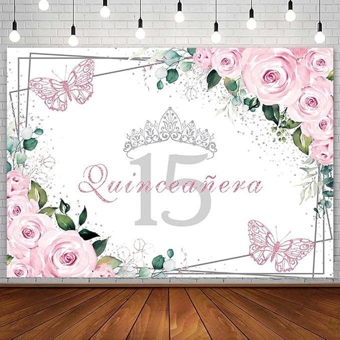 SENDY 10x7ft Quinceañera Backdrop Mis Quince 15 Anos Birthday Party Decorations Supplies for Girl Princess Pink Floral Butterfly Silver Crown Photography Background Banner Photo Booth Studio Props