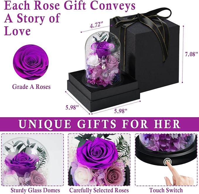 FIACO Gifts for Women Preserved Rose Forever Flower in Glass Dome Fresh Flowers for Delivery Prime Mothers Day Birthday Gifts for Mom Grandma Wife Sister Purple Roses
