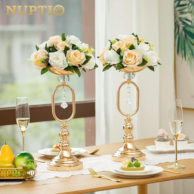 NUPTIO Artificial Flower Centerpieces for Tables: 10 Pcs Peachy Champagne & White Flower Ball Arrangement for Wedding Party - 9.5 Inch Diameter Floral Rose for Bridal Shower Decor
