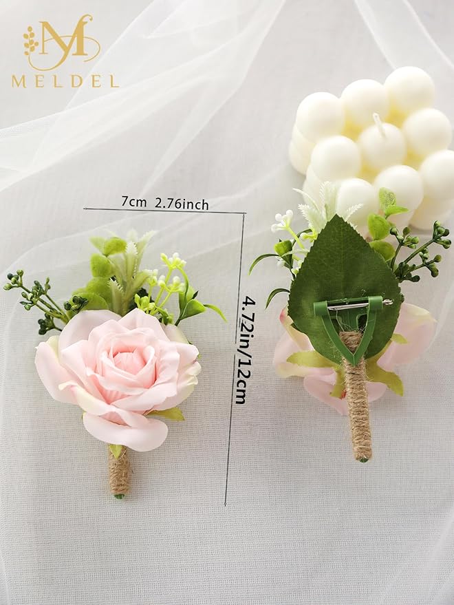 Meldel Wrist Corsage and Boutonniere Set(2pcs), Artificial Silk Rose Pink Wrist Flower for Bride Bridesmaids, Boutonniere for Groom Best Man Wedding Flower Accessories Prom Ceremony Party Decor