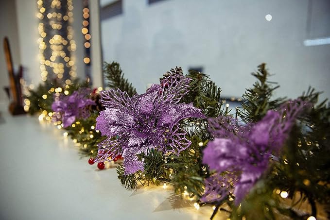 RECUTMS 10 Packs Christmas Glitter Poinsettia Flowers Artificial Christmas Flowers Decorations Wedding Xmas Tree New Year Ornaments Xmas Garland Wreath DIY Decorations Supplies(Light Purple)