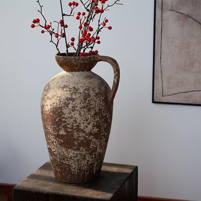 Brown Ceramic Rustic Farmhouse Vase Jug Pitcher with Handle, Distressed Antique Terracotta Pottery Flower Vase 14.2 Inch Handmade Large Floor Vintage Decorative for Home Living Room Decor