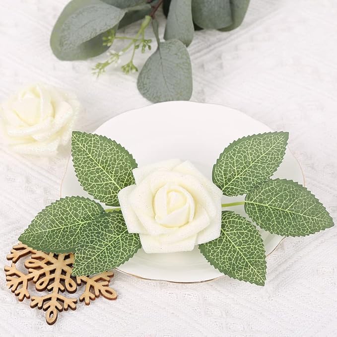 IPOPU Foam Roses, 25pcs Foam Glitter Roses Glitter Foam Rose Foam Rose with Stem for DIY Wedding Bridal Bouquet Home Party Decoration(Ivory)