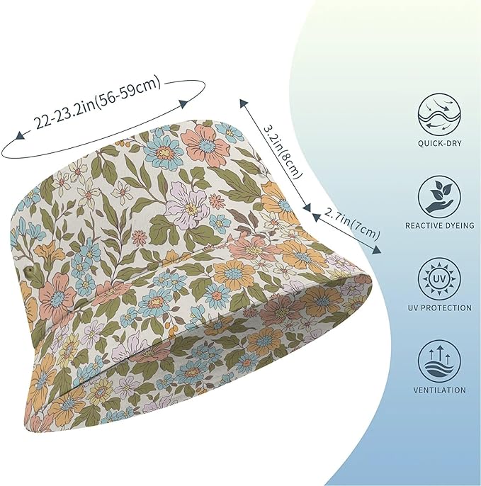 Wildflowers Floral Bucket Hat for Men Women, Summer Vacation Outdoor Travel Reversible Double Side Beach Caps Fisherman Hat