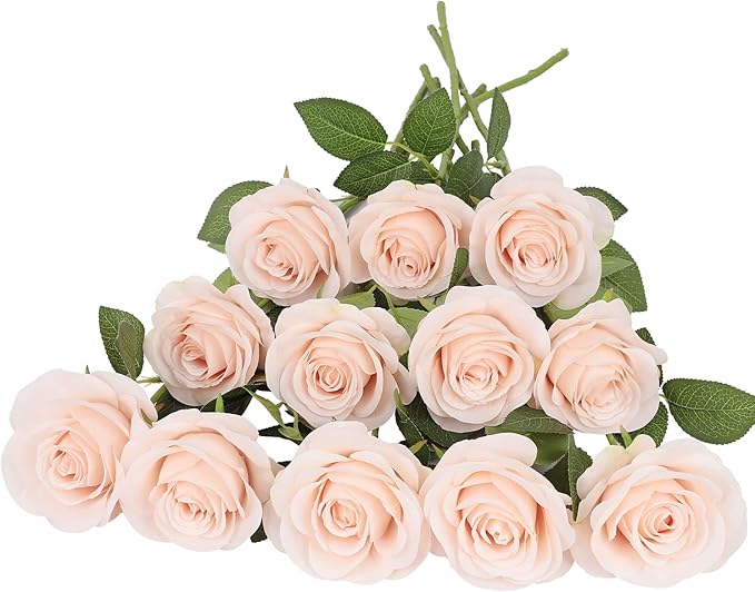 12pcs Roses Artificial Flowers Pink Fake Roses Flowers with Long Stems Silk Flowers for Wedding Bouquet Centerpices Decorations Party Bridal Baby Shower Home Decor