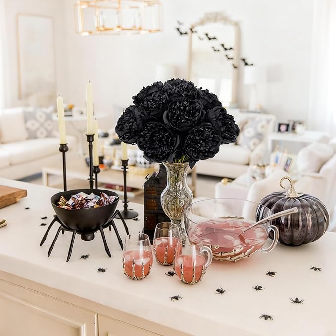 U'Artlines 10 Heads Artificial Peony Silk Flower Leaf Home Office Wedding Party Festival Bar Decor (Black)
