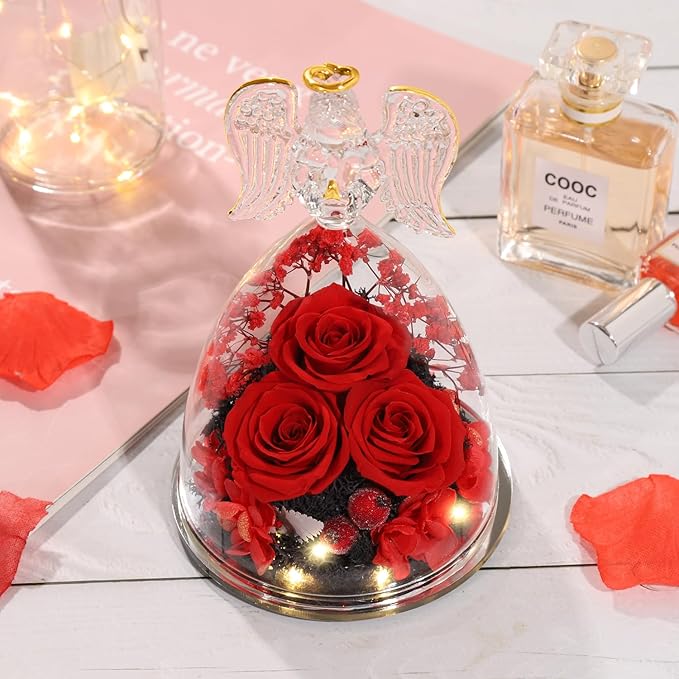ANWEAO Gifts for Women Birthday Christmas Preserved Rose Forever Flower in Glass Angel Figurines Fresh Flowers for Delivery for Mom Real Colorful Roses for Grandma Wife Her from Daughter